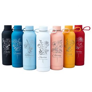 <b>Personalized</b> Engraved Birth Flower <b>Water</b> <b>Bottle</b>, 17oz Stainless Steel Insulated Travel Cup with Hamdle, Birthday Gift for Women - Product Image 1