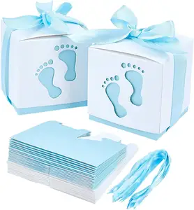 50 pcs Footprint Newborn Baby Shower Candy Box with Ribbon for Gender Reveal Themed Party Favor