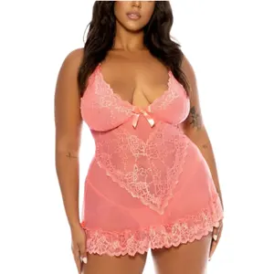 High Quality Sheer Mesh Beautiful Ruffled Lace V Feminine Plus Size Babydoll Sexy G-string And Bodysuit