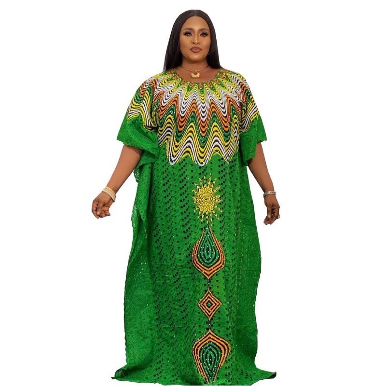Iooiooi Plus Size African Party Dress - Bazin Riche Style, Vibrant Print, Floor Length, Size Large