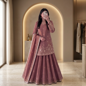 Conjunto de 3 piezas de lujo de seda rosa cebolla bordado para fiesta Bollywood, Kurta Lehenga de boda india pakistaní con trabajo Zari y Choli - Product Image 1