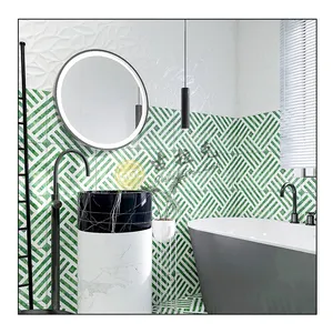 Ubin mosaik porselen pola garis hijau dan putih 300*300mm