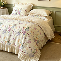 Parure de lit Shabby Chic bleu nuit 100% coton, dégradé indigo et violet royal, motif floral à volants, texture peinture à l'huile