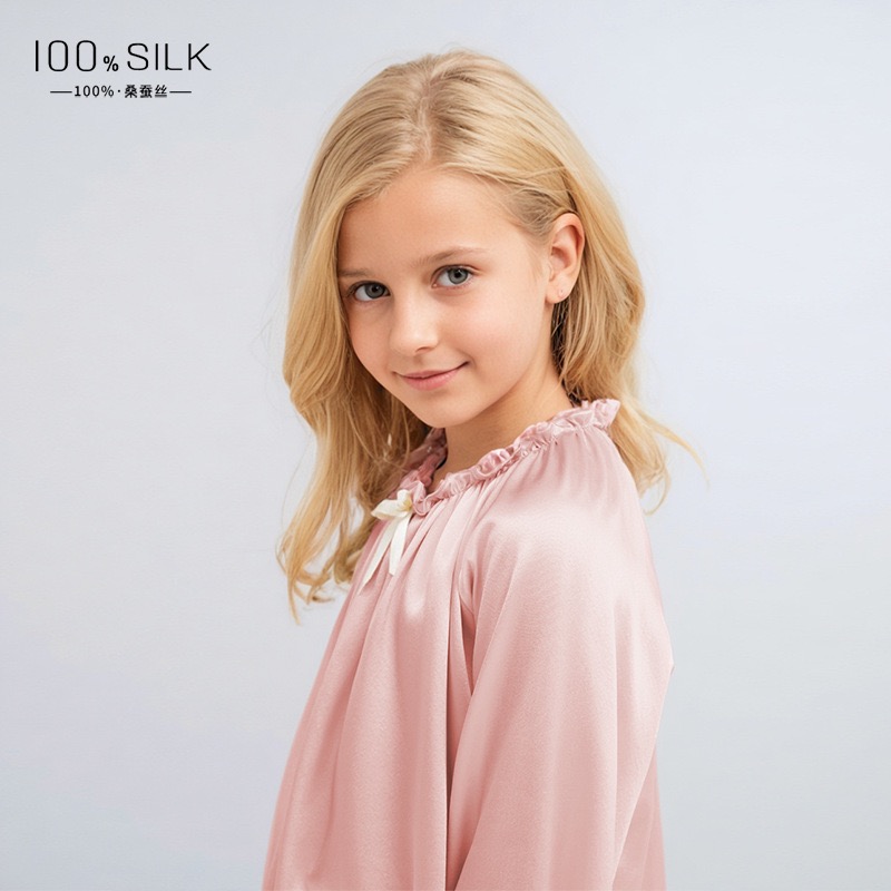 Girls' Cute Lace Long Sleeve Silk Pajama Loungewear Elastic Waist Casual Comfortable Sleepwear for Summer Autumn Spring