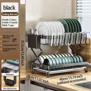 Égouttoir à vaisselle pliable à 2 niveaux avec plateau de drainage, organisateur de cuisine rétractable et support de rangement - Product Image 6