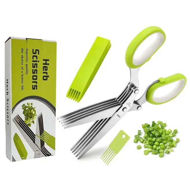 Multifunctional stainless steel 5-layer kitchen scissors with safety cover and cleaning comb vegetable scissors