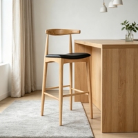 Taburete de Bar Estilo Mid-Century Modern con Asiento Tapizado Negro y Estructura de Madera de Caucho, Proveedor Mayorista para Restaurantes