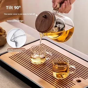 Théière Minimaliste pour la Maison, Nouveau Modèle, Bois de Noyer, Doublure Intérieure en Verre, Poignée à Un Bouton, Théière en Verre, Théière Flottante - Product Image 4