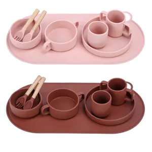 Wholesale Eco Friendly Oval Shape Soft Kids Baby Dinning Place Table Mat Silicone Bib Bowl Placemats Feeding Sets