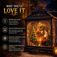 Lanterne de Noël en résine plastique lumineuse avec globe de neige, Père Noël au bord du foyer, eau scintillante tourbillonnante, décoration de maison pour les fêtes