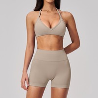 Set Yoga Halter Neck Seamless Wanita, Tanpa Punggung, Angkat Bokong, Kontrol Perut, Set Pakaian Olahraga Pilates