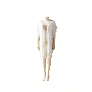 HDJ Robe de plage d'été pour femme en mousseline de soie blanche à col en V avec franges, mini-paréo de bain W21054-35 - Product Image 1