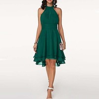 Nouvelle Collection Été 2026 SOLU – Robe à Col Halter Style Anglais, Épaules Dénudées, Ourlet Irrégulier, Coupe Trapèze, Double Couche à Volants