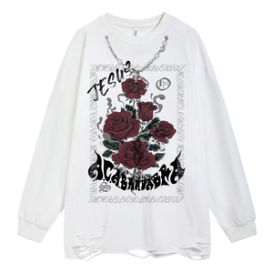 Suéter de estilo callejero floral holgado de marca europea y americana, de algodón puro, retro, con cuello desgastado, talla grande - Product Image 2