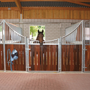 Box de <span class=keywords><strong>cheval</strong></span> sur mesure avec mangeoires amovibles et portes extra larges, panneaux en bambou de luxe, structure métallique. - Product Image 6