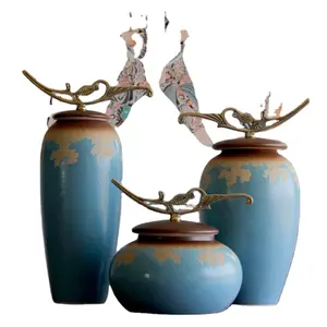 厂家价格3pcs套装艺术庙罐新款到货家居装饰蓝色陶瓷姜罐带金属盖