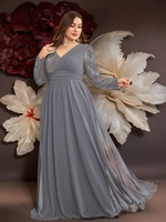 Robe de soirée de luxe en mousseline grande taille SJ, manches longues, imprimé sequins, robe longue de soirée pour femme, coupe trapèze, col en V