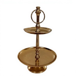 Support à gâteau en métal à deux niveaux, plateau rond doré avec poignée en anneau, présentoir à dessert réutilisable - Product Image 1