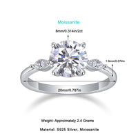 Bague en argent sterling S925 avec moissanite 2 carats taille brillant rond et pierres latérales en forme de feuille pour femme