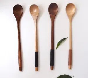 Colher de madeira de bambu com cabo longo, colher de madeira personalizada mel de chá e café
