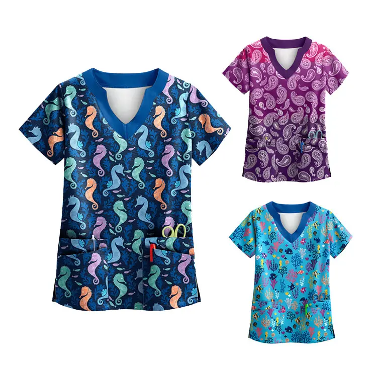 Customized logo hospital uniform T-shirt patterned scrub tops