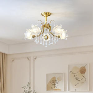 American Retro <b>Crystal</b> Flowers Vintage French Copper Brass <b>Chandelier</b> Flush Mount for Living Room - Product Image 3