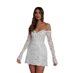 S1376N Vestido de Novia de Encaje y Satén, Corte en A, Largo hasta la Rodilla, con Hombros Descubiertos y Mangas Largas, para Bodas al Aire Libre - Product Image 1