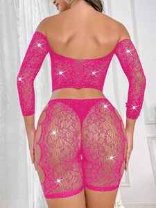 Lencería Erótica de Dos Piezas con Malla Transparente, Sexy y Chic, con Hombros Descubiertos y Manga Larga - Product Image 4