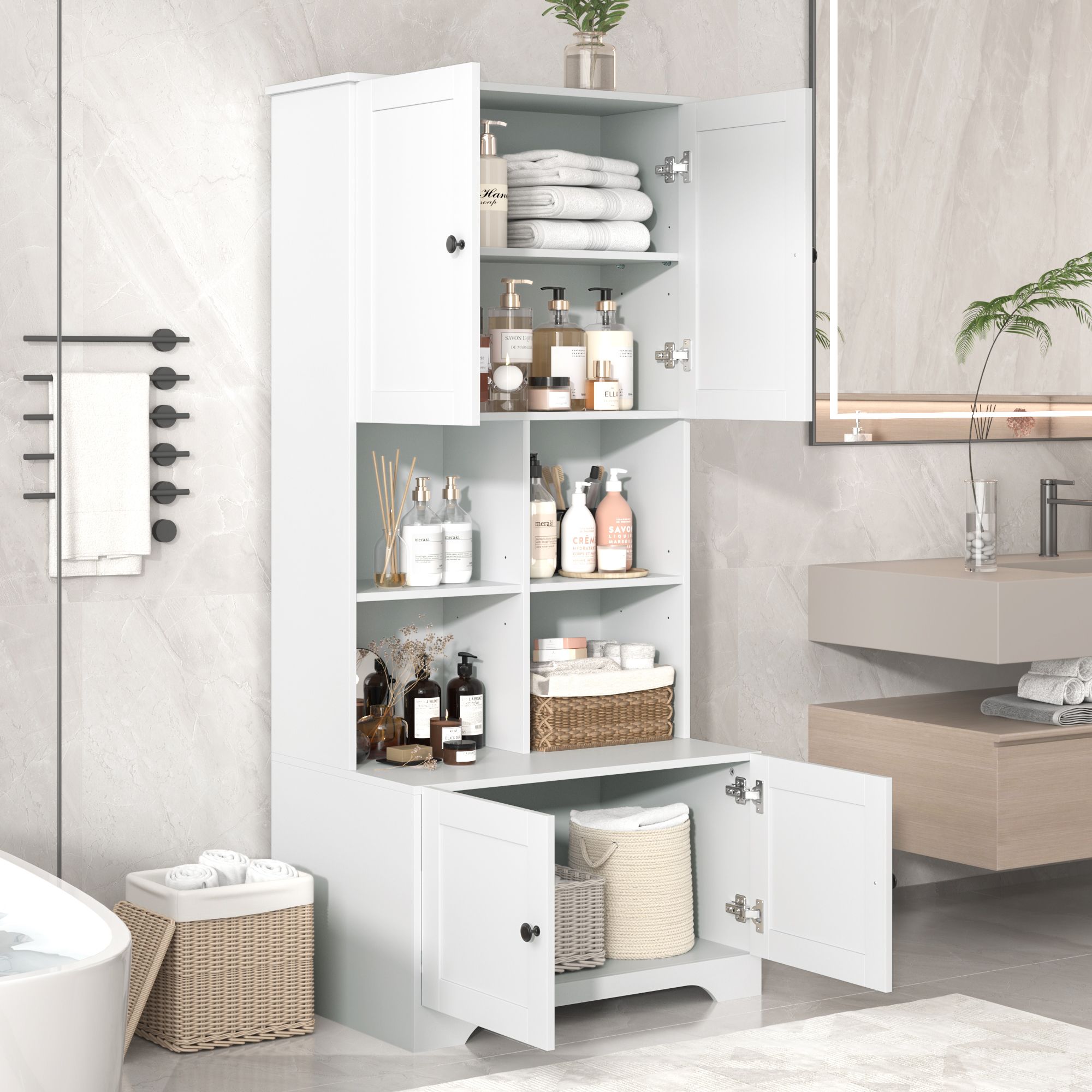 DB Tall Freestanding Bathroom Cabinet 4 Wide Doors Adjustable Shelves Wide Bathroom Floor Storage Unit 4-Door Bathroom Shelves