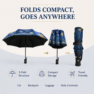 Parapluie de voyage compact 3 plis entièrement automatique, design moderne, imprimé artistique, logo personnalisé pour adultes, vente en gros - Product Image 5