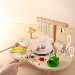 Wholesale Multi-function Wooden Music Table 8 in 1 Orff Wind Chime Percussion Instrument Set Xylophone <b>Drum</b> Guiro Bell - Product Image 6