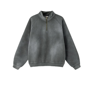 TKAN371D Custom Silk <b>Screen</b> Print Men's Oversized Vintage Washed High Quality Cotton <b>Stand</b> Collar Half Zipper Hoodies - Product Image 2