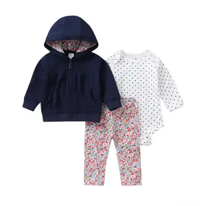 Wholesale High Quality Casual Daily Wear Clothes Navy Blue Hooded Coat Floral Lining Autumn Baby Clothing 3 Piece Set