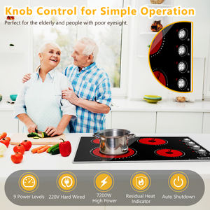 Table de cuisson électrique de 30 pouces, 4 brûleurs avec commande par bouton, table de cuisson électrique rayonnante intégrée de 7200 W, 9 niveaux de puissance, avertissement de chaleur - Product Image 2