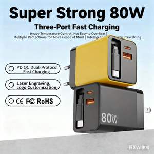 80W PD Phone Charger Power <b>Adapter</b> with Stretchable <b>Cable</b> Type-C Charger <b>Cable</b> 80W A+C Phone Charger For <b>iPhone</b> <b>Android</b> Earphone - Product Image 3