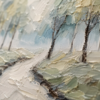 Peinture à l'huile de paysage peinte à la main de style impressionniste, sentier en forêt brumeuse avec des arbres turquoise, peinture murale