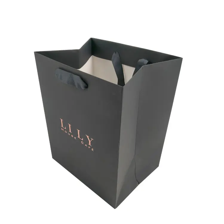 Hot Luxury Rose Gold Foil Stamping Custom OEM Soft Feel Black Shopping Paper Bags with Logo