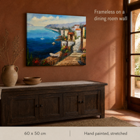 Peinture à l'huile peinte à la main 60x50cm, paysage marin de village côtier méditerranéen, toile tendue sur châssis, art mural pour salon