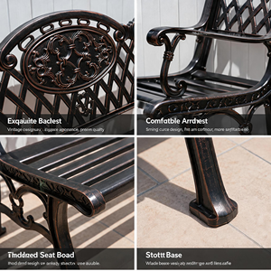 Banc d'extérieur vintage en aluminium moulé avec dossier en treillis pour patio, balcon, parc et loisirs - Product Image 4