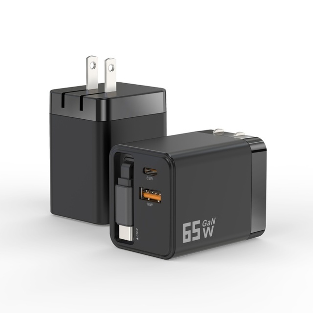 Retractable Wall Charger GaN 65W PD Fast USB C Charger with Type-C Cable for Phone 16 17 Laptop Tablet Earphone