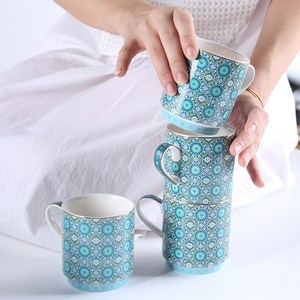 <b>Ceramic</b> Stacking <b>Mug</b> with Moroccan Medallion Pattern - Bohemian Coffee Milk Cup - Product Image 4