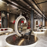 Aménagement clé en main de salon de coiffure de luxe : mobilier sur mesure en bois foncé, marbre et laiton, station de coiffage avec éclairage LED