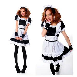 Adult Maid Costume Cute Girl Lolita Cosplay Outfit Women Fancy Dress Apron with Headwear for Halloween Costumes