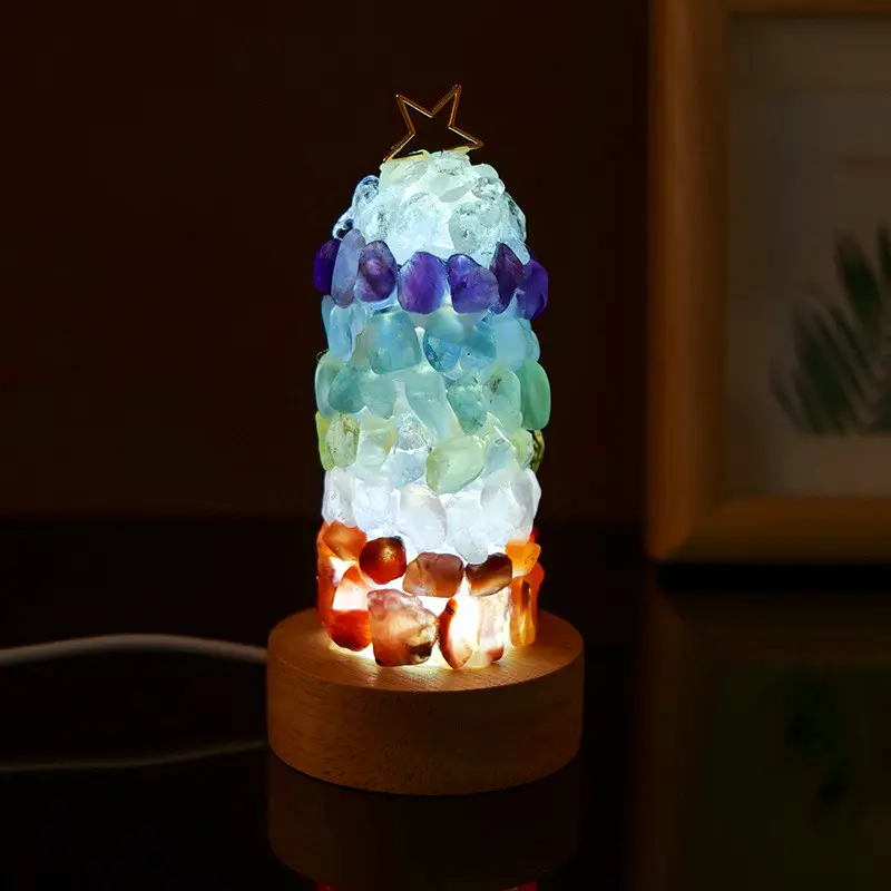 New Led Nature Crystal Crafts Night Lights With Wooden Base Gift Healing Round Table Lamps Xmas Room Decor Lights Decoration