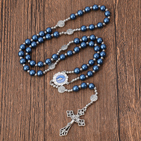Rosaire Artisanal Bleu de la Vierge Marie, Perles de Verre Nacres 10mm, Chapelet Miraculeux à Cinq Dizaines
