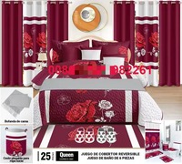 Vente en gros de 25 pièces de linge de lit King Size avec rideaux assortis, motif floral, tissu polyester/coton 400TC