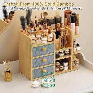 Organisateur de maquillage moderne en bambou organique à double niveau, grande capacité, amovible, pour comptoir de salle de bain - Product Image 6