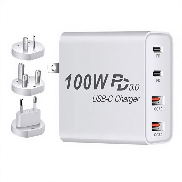 100W GaN Charger PD Fast Charging with Interchangeable Plug-In Heads CE-Certified for Laptops and Smartphones 4-Year Warranty