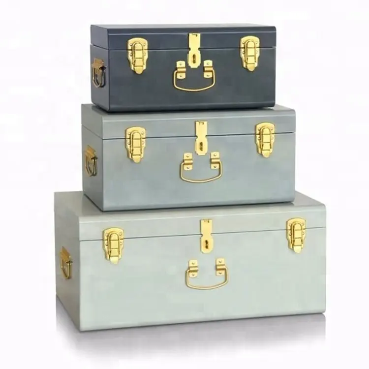 Set of 3 Refined Style Various Sizes Metal Trunk With Lock