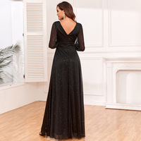 Robe de soirée noire à paillettes, col en V, manches longues, coupe trapèze, longueur maxi, avec fente haute, patchwork en mousseline transparente, tissée en polyester et élasthanne